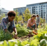 Dois jovens estão cuidando de uma horta urbana ao lado do local onde residem, ao fundo é possível ver um prédio residencial, ilustrando o conceito de agrobairros.