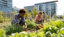 Dois jovens estão cuidando de uma horta urbana ao lado do local onde residem, ao fundo é possível ver um prédio residencial, ilustrando o conceito de agrobairros.