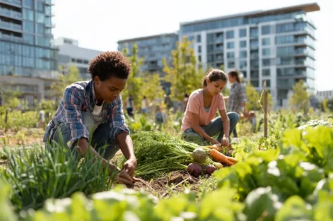 Dois jovens estão cuidando de uma horta urbana ao lado do local onde residem, ao fundo é possível ver um prédio residencial, ilustrando o conceito de agrobairros.