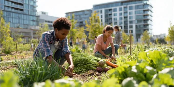 Dois jovens estão cuidando de uma horta urbana ao lado do local onde residem, ao fundo é possível ver um prédio residencial, ilustrando o conceito de agrobairros.