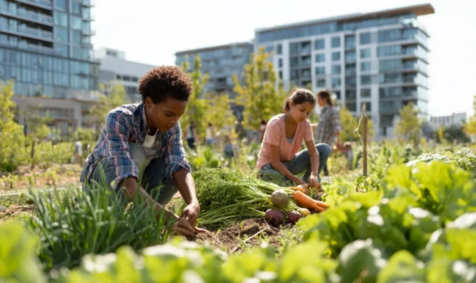 Dois jovens estão cuidando de uma horta urbana ao lado do local onde residem, ao fundo é possível ver um prédio residencial, ilustrando o conceito de agrobairros.