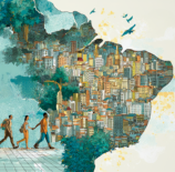 Dentro do contexto de representar o Mapa da Desigualdade entre as Capitais do Brasil e ilustração traz pessoas caminhando em direção à um mapa com a forma do mapa do Brasil composto por prédios e casas