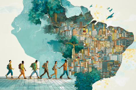 Dentro do contexto de representar o Mapa da Desigualdade entre as Capitais do Brasil e ilustração traz pessoas caminhando em direção à um mapa com a forma do mapa do Brasil composto por prédios e casas