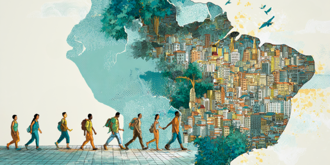 Dentro do contexto de representar o Mapa da Desigualdade entre as Capitais do Brasil e ilustração traz pessoas caminhando em direção à um mapa com a forma do mapa do Brasil composto por prédios e casas