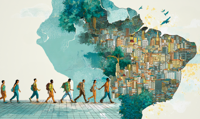 Dentro do contexto de representar o Mapa da Desigualdade entre as Capitais do Brasil e ilustração traz pessoas caminhando em direção à um mapa com a forma do mapa do Brasil composto por prédios e casas
