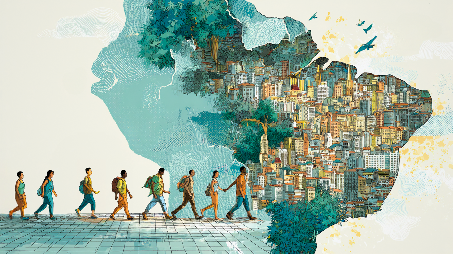 Dentro do contexto de representar o Mapa da Desigualdade entre as Capitais do Brasil e ilustração traz pessoas caminhando em direção à um mapa com a forma do mapa do Brasil composto por prédios e casas