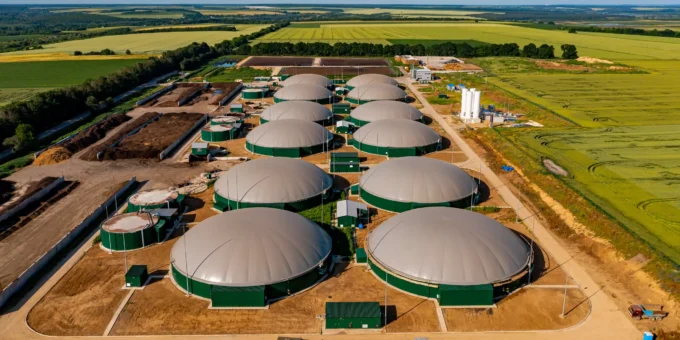 Instalações de biodigestores utilizados para transformar resíduos orgânicos em energia, demonstrando um sistema sustentável de resíduos que viram energia em uma área rural.