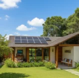 Casa com arquitetura afrofuturista, apresenta painéis solares no telhado, design sustentável e elementos modernos integrados à natureza ao redor.