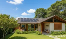 Casa com arquitetura afrofuturista, apresenta painéis solares no telhado, design sustentável e elementos modernos integrados à natureza ao redor.