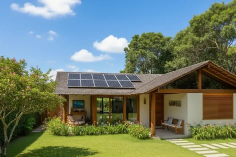 Casa com arquitetura afrofuturista, apresenta painéis solares no telhado, design sustentável e elementos modernos integrados à natureza ao redor.