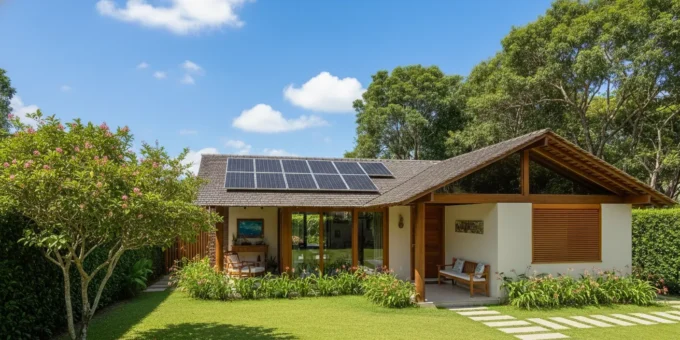 Casa com arquitetura afrofuturista, apresenta painéis solares no telhado, design sustentável e elementos modernos integrados à natureza ao redor.