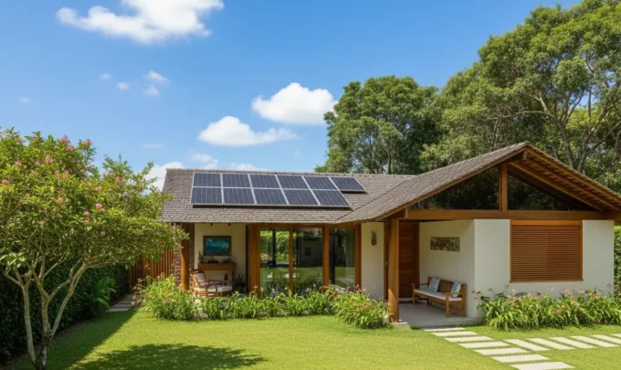 Casa com arquitetura afrofuturista, apresenta painéis solares no telhado, design sustentável e elementos modernos integrados à natureza ao redor.