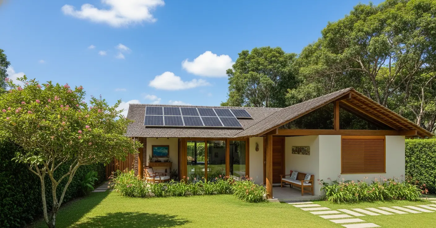 Casa com arquitetura afrofuturista, apresenta painéis solares no telhado, design sustentável e elementos modernos integrados à natureza ao redor.