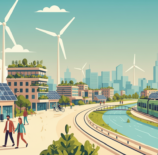 Ilustração de um entorno urbano sustentável com painéis solares, turbinas eólicas e transporte ecológico, ideal para o tema outubro urbano.