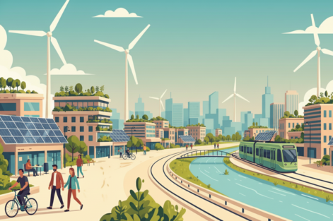 Ilustração de um entorno urbano sustentável com painéis solares, turbinas eólicas e transporte ecológico, ideal para o tema outubro urbano.