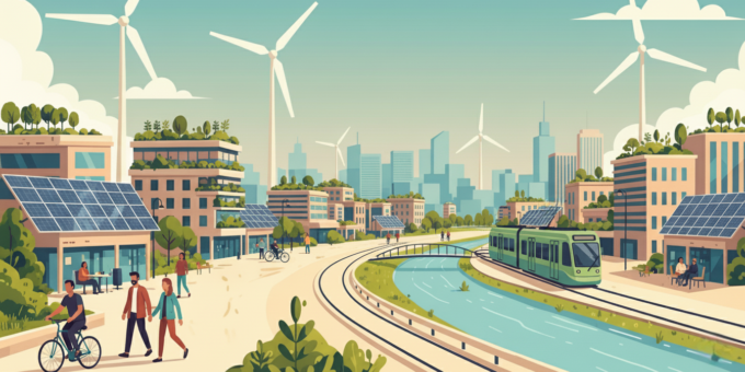 Ilustração de um entorno urbano sustentável com painéis solares, turbinas eólicas e transporte ecológico, ideal para o tema outubro urbano.