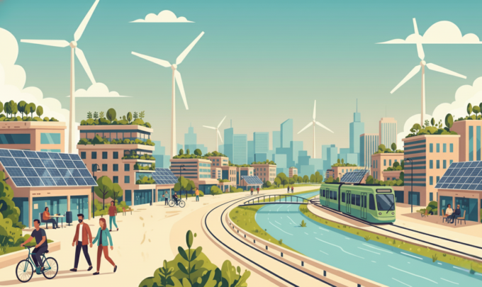Ilustração de um entorno urbano sustentável com painéis solares, turbinas eólicas e transporte ecológico, ideal para o tema outubro urbano.
