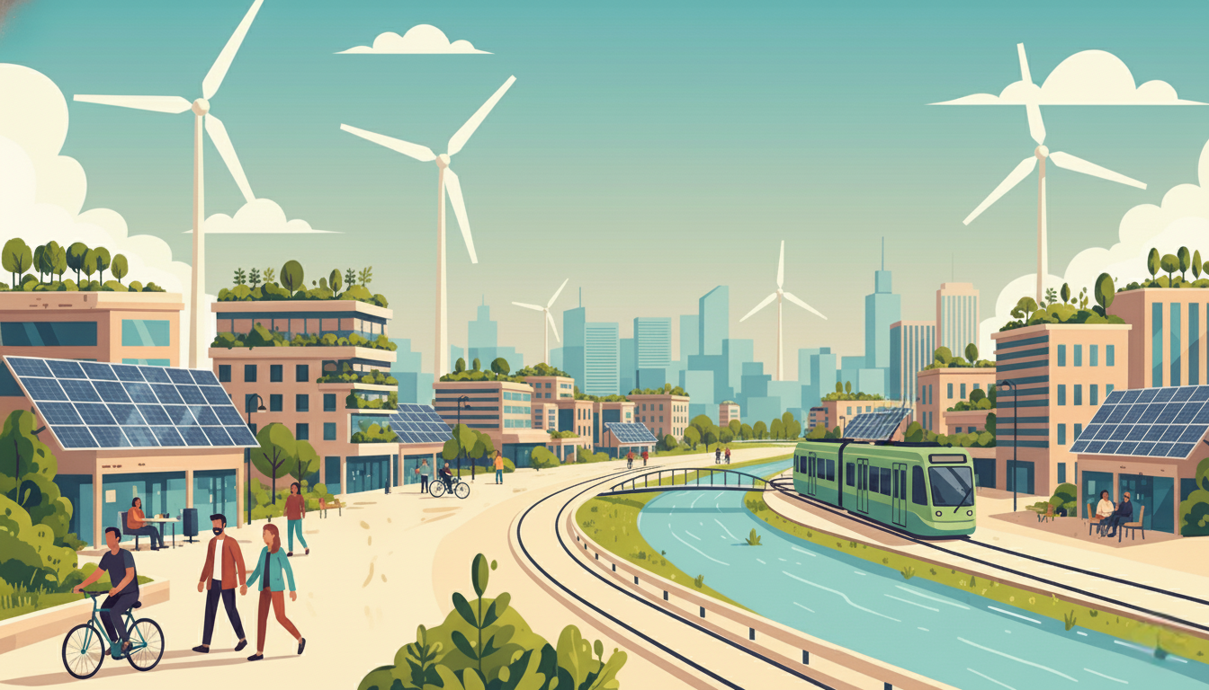 Ilustração de um entorno urbano sustentável com painéis solares, turbinas eólicas e transporte ecológico, ideal para o tema outubro urbano.