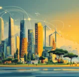 Ilustração de uma cidade moderna com edifícios e torres, incluindo parques eólicos ao fundo, representando o valor de marca de um país e sua inovação.