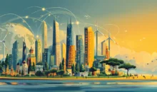 Ilustração de uma cidade moderna com edifícios e torres, incluindo parques eólicos ao fundo, representando o valor de marca de um país e sua inovação.