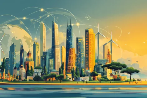 Ilustração de uma cidade moderna com edifícios e torres, incluindo parques eólicos ao fundo, representando o valor de marca de um país e sua inovação.