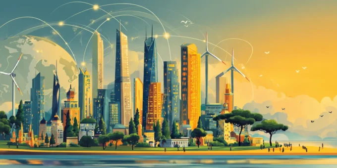 Ilustração de uma cidade moderna com edifícios e torres, incluindo parques eólicos ao fundo, representando o valor de marca de um país e sua inovação.