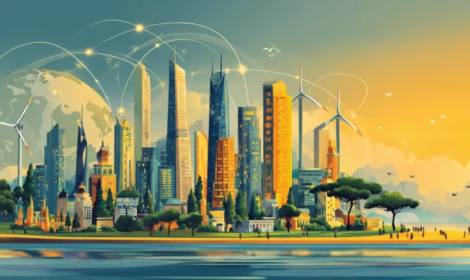 Ilustração de uma cidade moderna com edifícios e torres, incluindo parques eólicos ao fundo, representando o valor de marca de um país e sua inovação.