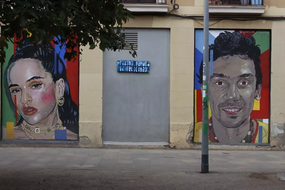 Grafite com retratos de Frida Kahlo e Caetano Veloso em mural de rua 