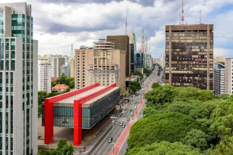 Vista aérea da Avenida Paulista, que possui o Programa Ruas Abertas que completa 10 anos.