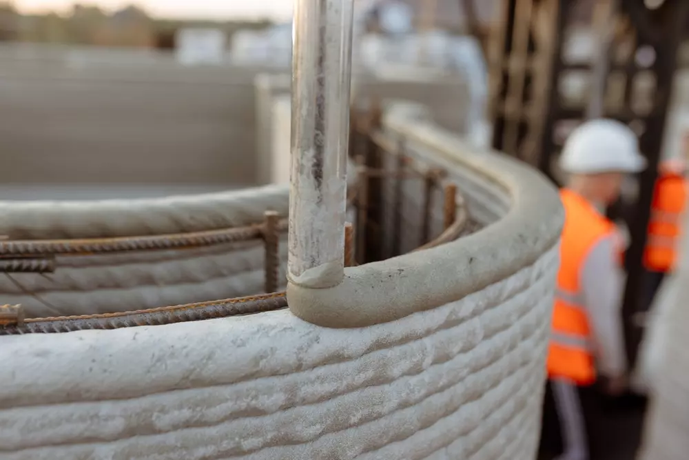 Construção com impressora 3D em andamento, detalhes da estrutura de concreto e fio de aço visíveis, com trabalhadores usando capacete de segurança ao fundo.