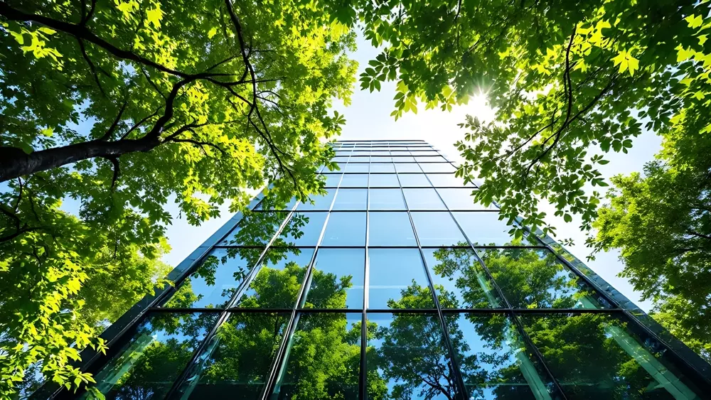 Uum edifício de escritório de vidro refletindo árvores verdes sob um céu limpo, representando ambiente corporativo sustentável e conexão com a natureza