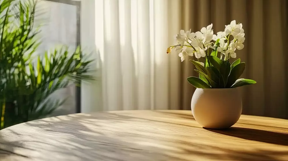 Decorativo arranjo de flores brancas em vaso de cerâmica, ideal para aplicar feng shui na decoração de ambientes internos e promover harmonia.