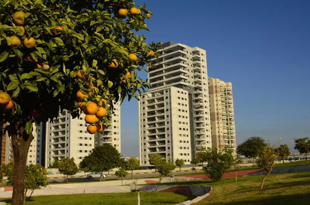 Integração do forrageamento urbano com áreas verdes em uma cidade moderna, apresentando árvores frutíferas ao lado de edifícios residenciais altos.