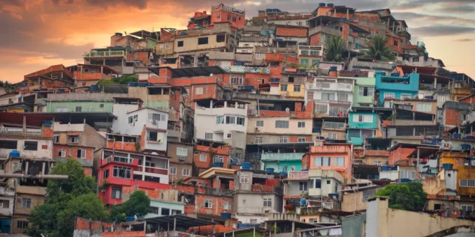 Vista da arquitetura da quebrada na favela do Rio de Janeiro ao entardecer, mostrando casas coloridas empilhadas em um morro.