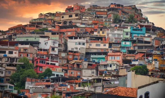 Vista da arquitetura da quebrada na favela do Rio de Janeiro ao entardecer, mostrando casas coloridas empilhadas em um morro.