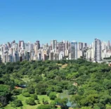 Visualização do centro de Goiânia, Brasil, com grande área de parque e árvores, exemplificando a gentrificação verde na cidade.