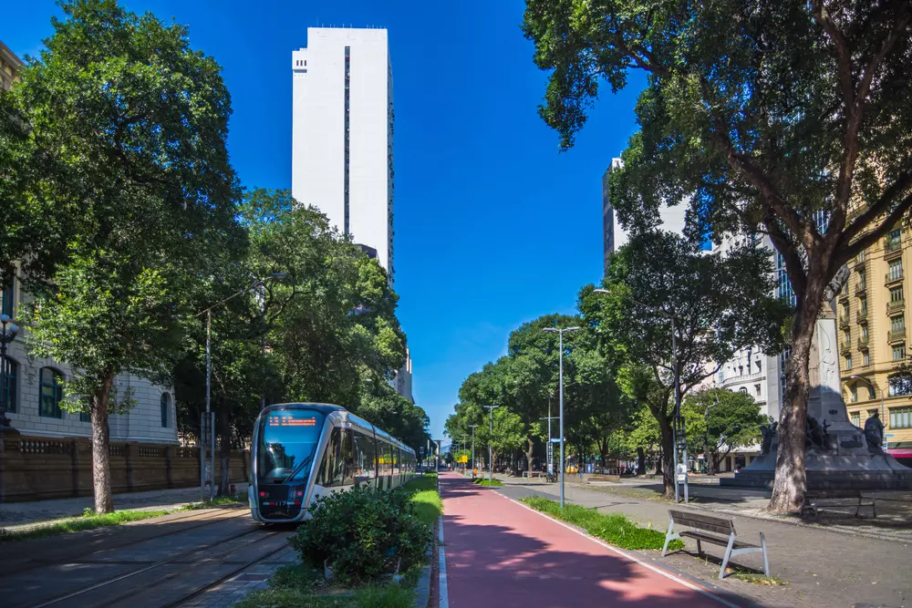 Rua urbana em uma cidade moderna, com árvores ao longo da via, transporte público, e arranha-céus ao fundo, destacando o valor de marca de um país.