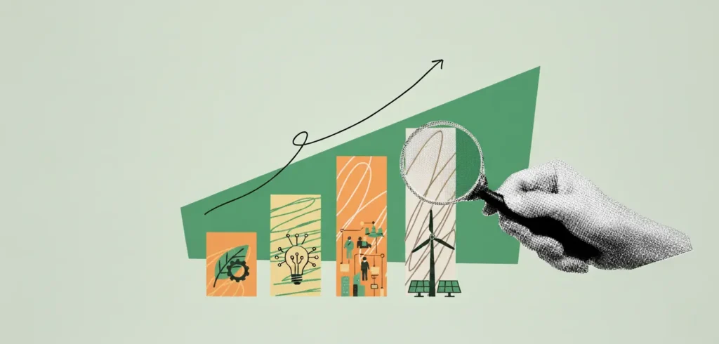 Ilustração representando crescimento e valorização, com gráficos e elementos que simbolizam o valor de marca de um país e sua economia.