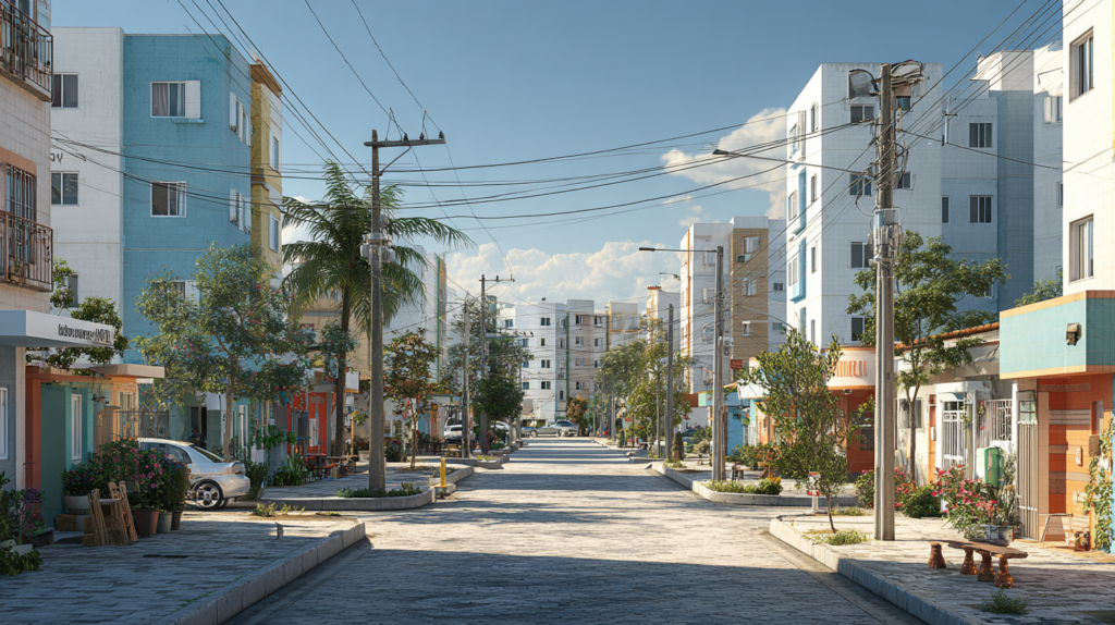 Imagem do Bairro Sete Sóis planejado pela MRV, mostrando ruas bem estruturadas, árvores e edifícios modernos