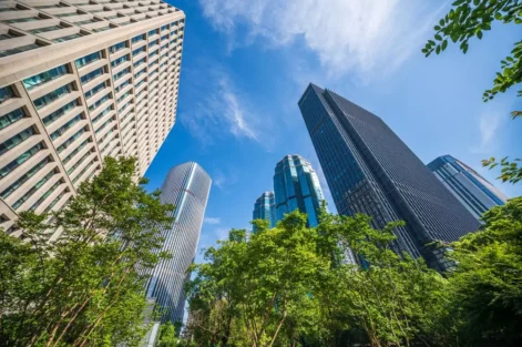 Arranha-céus modernos em uma área urbana, com árvores verdes na frente e céu azul ao fundo, destacando a importância do Estatuto da Cidade na organização urbana.