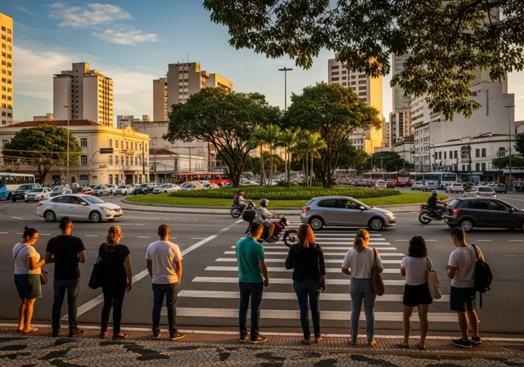 Pedestres aguardando na calçada de uma rua movimentada no Brasil durante o entardecer, com carros passando em uma rotatória e edifícios ao fundo