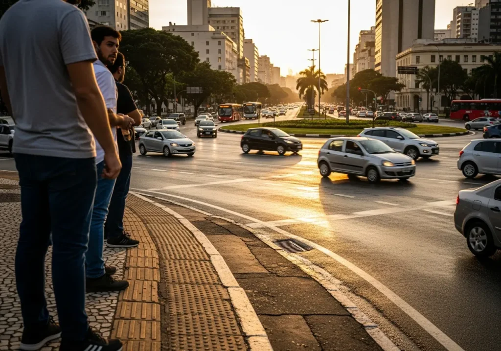 Grupo de pedestres aguardando para atravessar a rua movimentada, com uma rotatória, em uma cidade com edifícios altos ao fundo