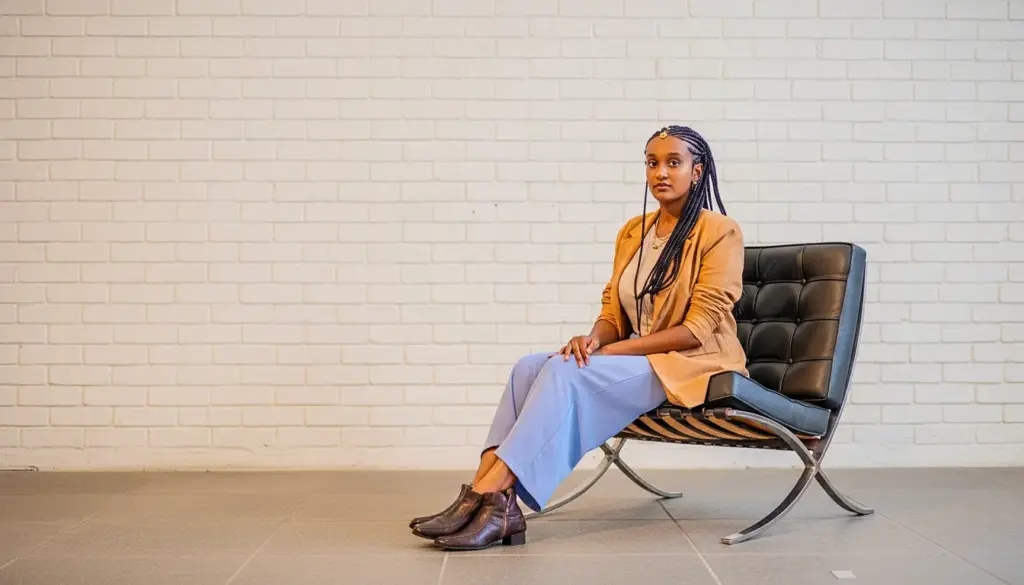 Audrey Carolini sentada em uma cadeira moderna, com cabelo trançado e vestido azul claro, em um ambiente com parede de tijolos brancos