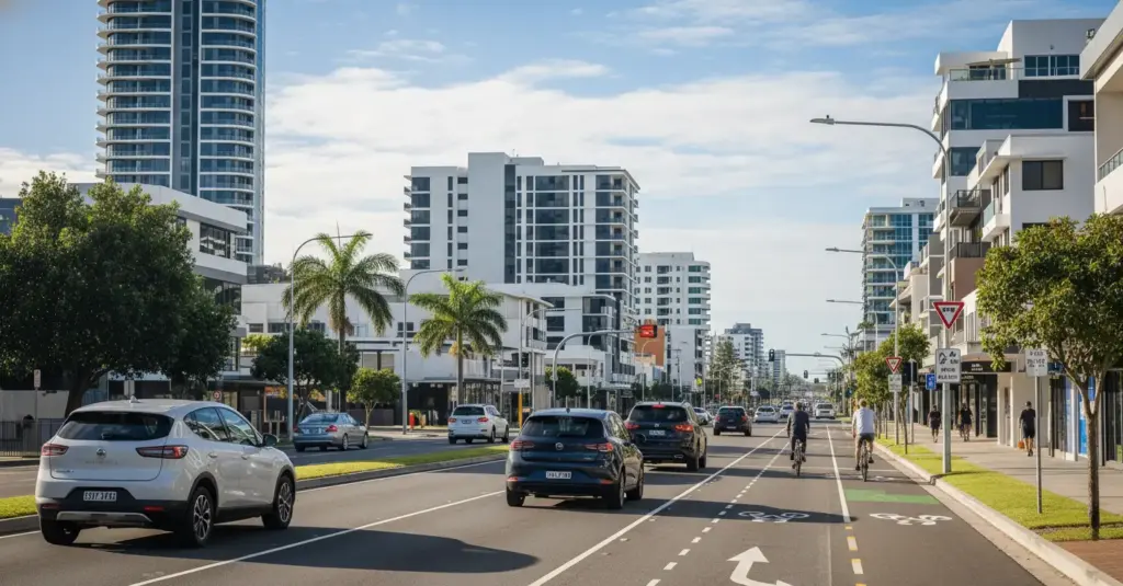 Rua urbana moderna com carros elétricos circulando, ciclistas e pedestres em cidade com prédios altos e cyclosoping