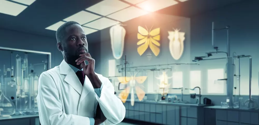 Cientista
em laboratório, estudando sistemas digestivos de insetos para inovação em bioenergia e materiais do futuro. Representando o estudo do pesquisador Marcos Buckeridge