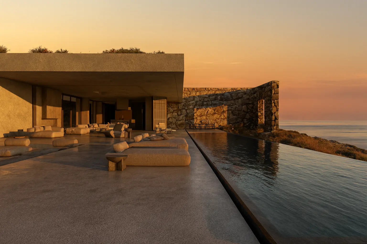 Design regenerativo na Grécia: vista de uma moderna construção com piscina de borda infinita, ambiente ao pôr do sol