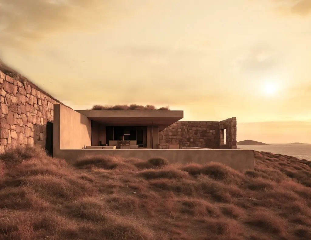Casa moderna com design minimalista localizada em uma paisagem de campo ao pôr do sol, com céu laranja