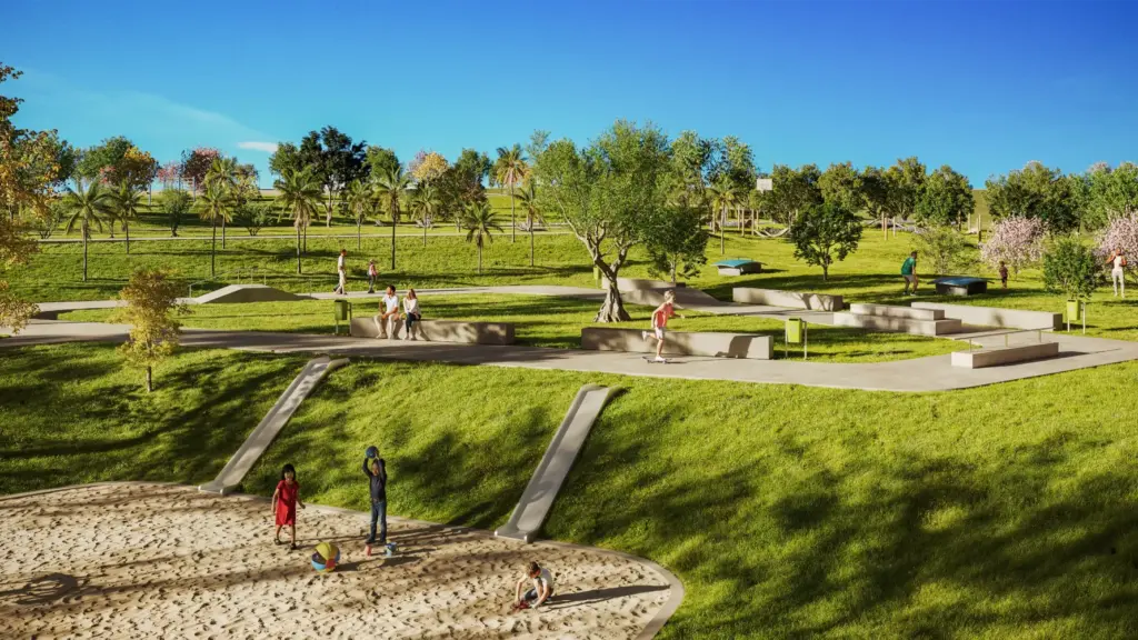 Parque urbano com áreas verdes, árvores, espaço de lazer para crianças e adultos, promovendo o urbanismo inteligente sustentável e bem planejado.