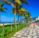 Dia ensolarado na orla da praia de Ipanema, com uma pedestre passando. A foto ilustra a matéria sobre a restauração da restinga em Ipanema.