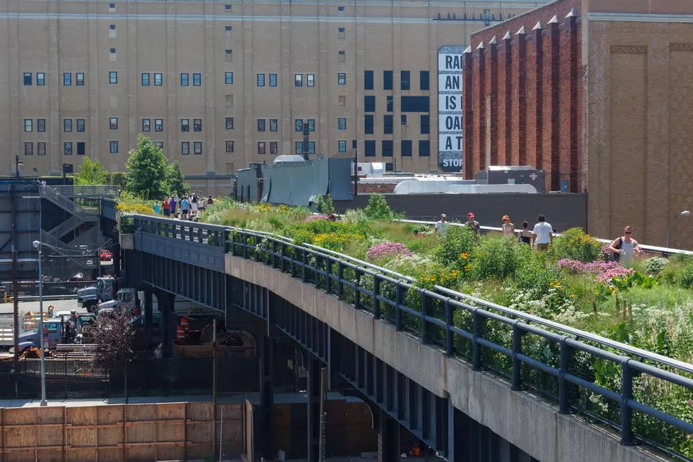 Turistas aproveitam o parque linear elevado High Line em Nova York, com flores desabrochando no verão.